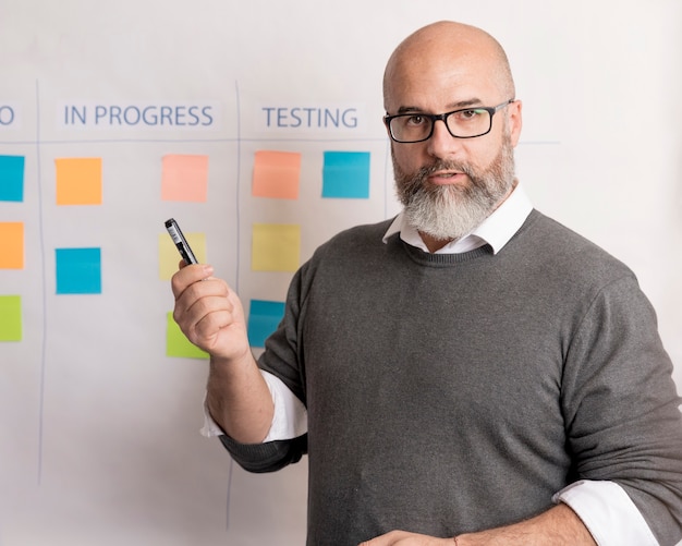 Foto grátis retrato de homem apresentando plano de negócios