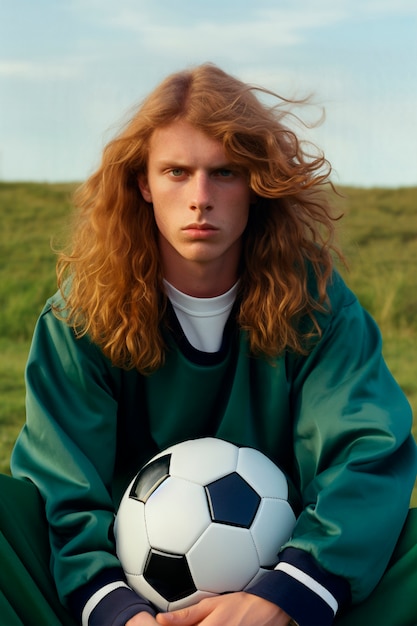 Foto grátis retrato de homem com bola de futebol