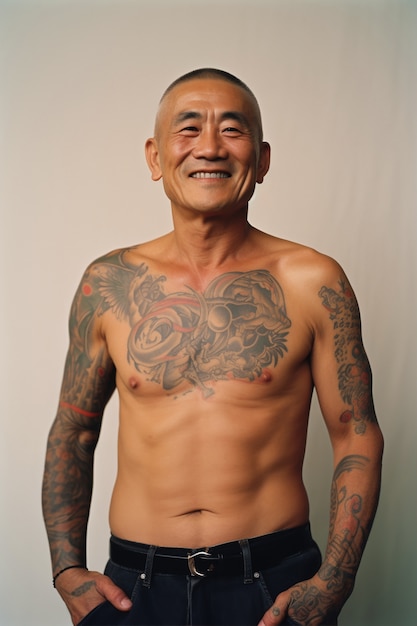 Foto grátis retrato de homem com tatuagens no corpo