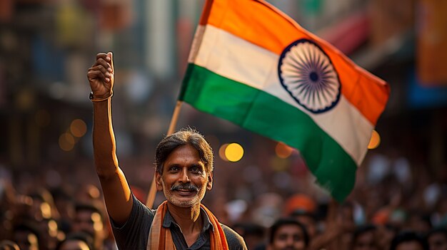 Retrato de homem indiano com bandeira