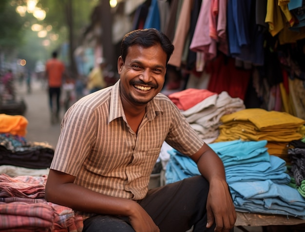 Retrato de homem indiano vendendo tecidos