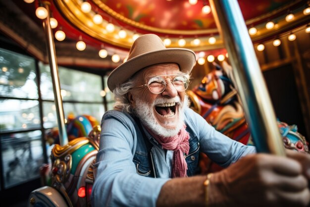 Retrato de homem sênior sorridente no parque de diversões