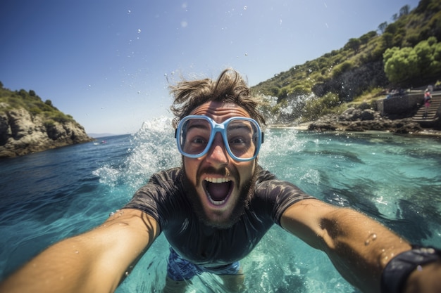 Foto grátis retrato de homem sorridente, mergulhando com snorkel