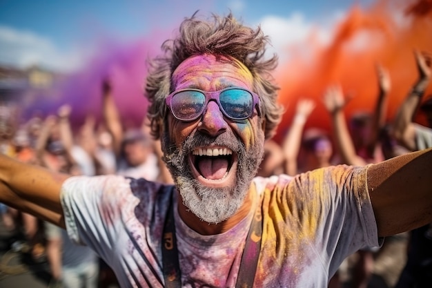 Retrato de homem sorridente no festival holi com pó colorido