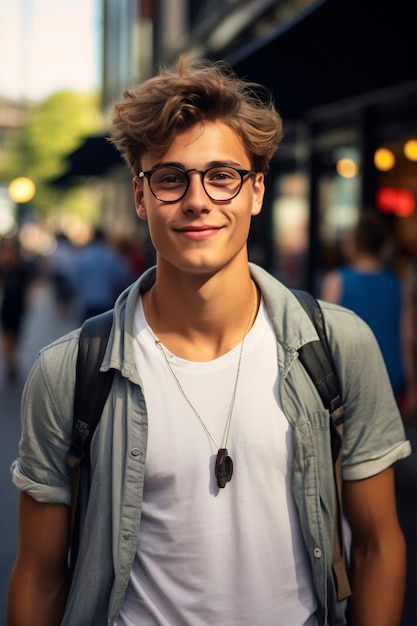 Retrato de homem sorrindo na cidade