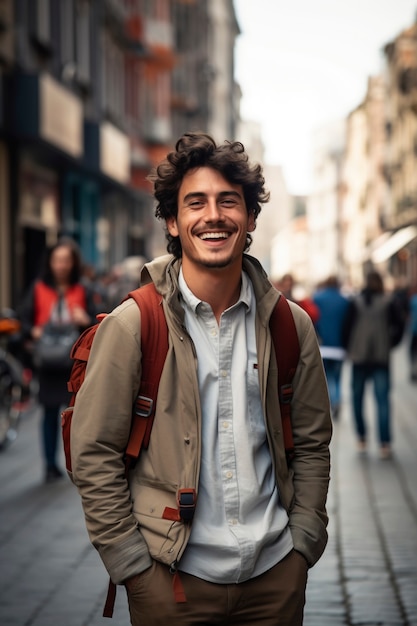 Retrato de homem sorrindo na cidade