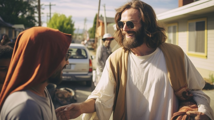 Foto grátis retrato de jesus fazendo coisas contemporâneas no mundo moderno