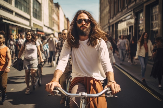 Foto grátis retrato de jesus no mundo moderno fazendo coisas contemporâneas