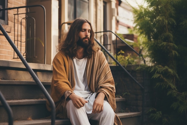 Foto grátis retrato de jesus no mundo moderno fazendo coisas contemporâneas