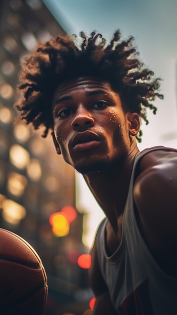 Foto grátis retrato de jogador de basquete masculino durante a vida cotidiana na cidade de nova york