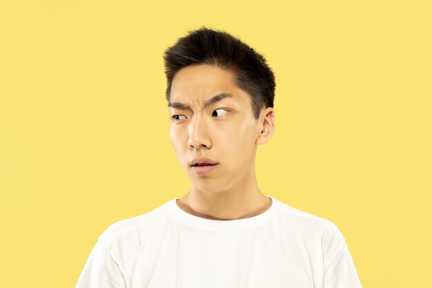 Retrato de jovem coreano. Modelo masculino em camisa branca. Dúvidas, incertas, pensativas, parecendo sérias. Conceito de emoções humanas, expressão facial.