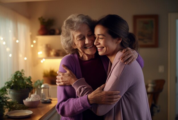 Retrato de mãe e filha adultas afetuosas