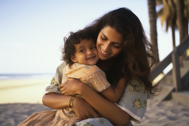 Foto grátis retrato de mãe e filho carinhosos na praia