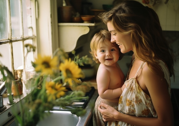 Retrato de mãe e filho de tiro médio