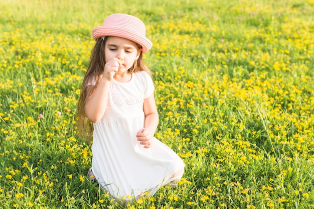 Retrato, de, menina, cheirando, flor, sentando, em, a, prado