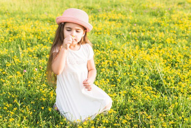 Retrato, de, menina, cheirando, flor, sentando, em, a, prado