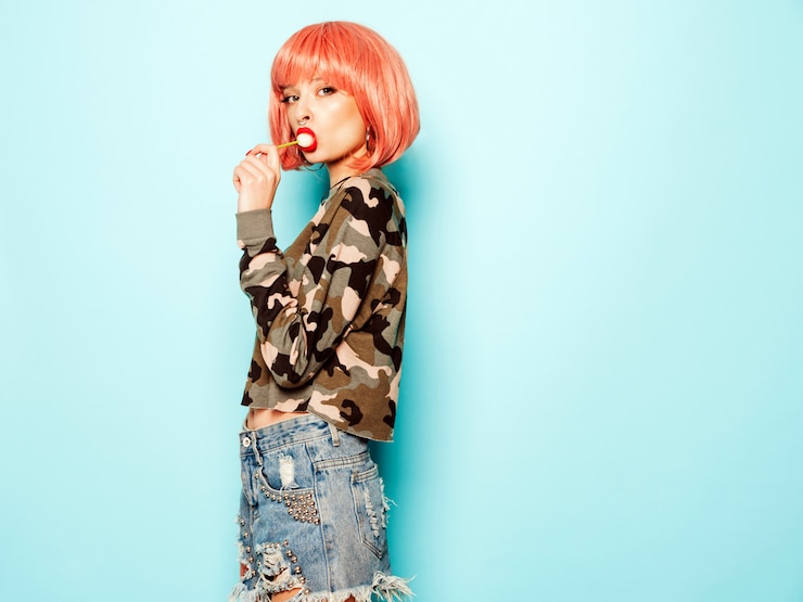 Foto grátis retrato de menina má bonita jovem hippie em shorts jeans da moda e brinco no nariz ... modelo positivo lambendo doces de açúcar redondo