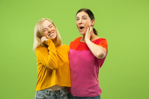 Retrato de meninas muito charmosas em roupas casuais isoladas. Duas modelos femininas como namoradas ou lésbicas. Conceito de LGBT, igualdade, emoções humanas, amor, relação.