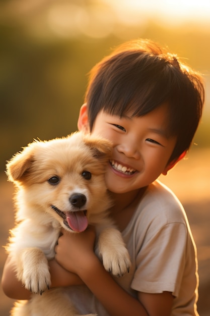 Foto grátis retrato de menino com cachorro