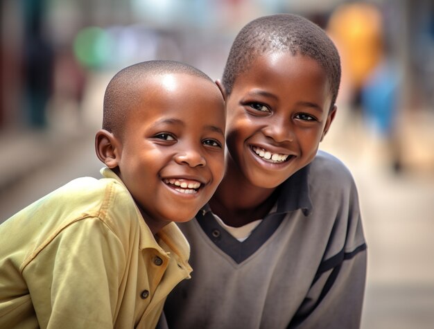 Retrato de meninos sorrindo ao ar livre