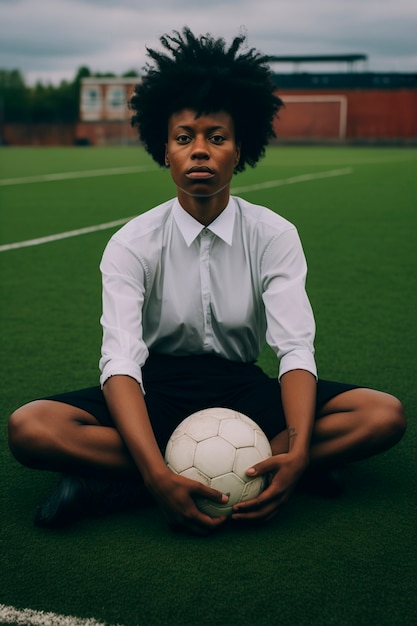 Retrato de mulher com bola de futebol