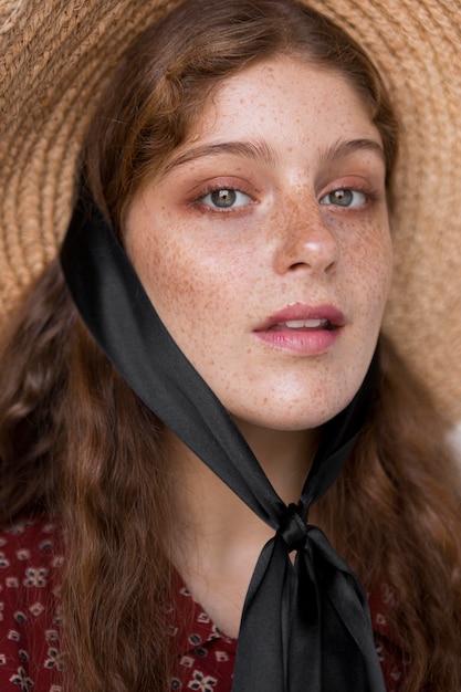 Foto grátis retrato de mulher com chapéu de palha