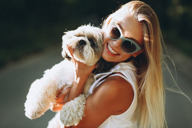 Retrato, de, mulher, com, dela, cão, parque