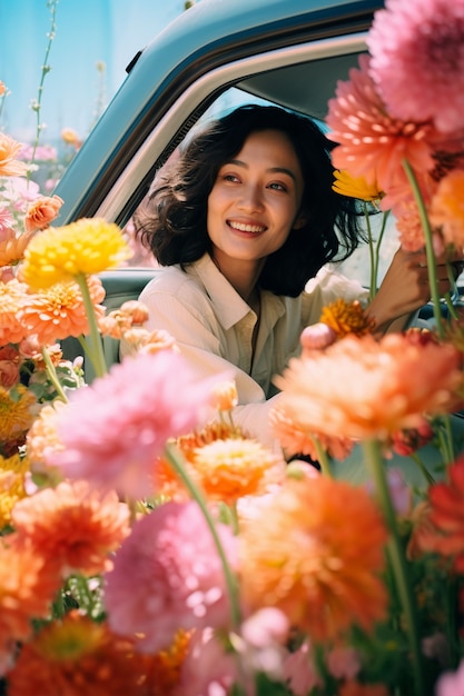 Retrato de mulher com flores de primavera em flor