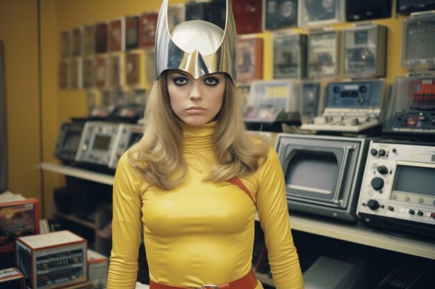 Retrato de mulher com roupa de super-herói na loja de eletrodomésticos