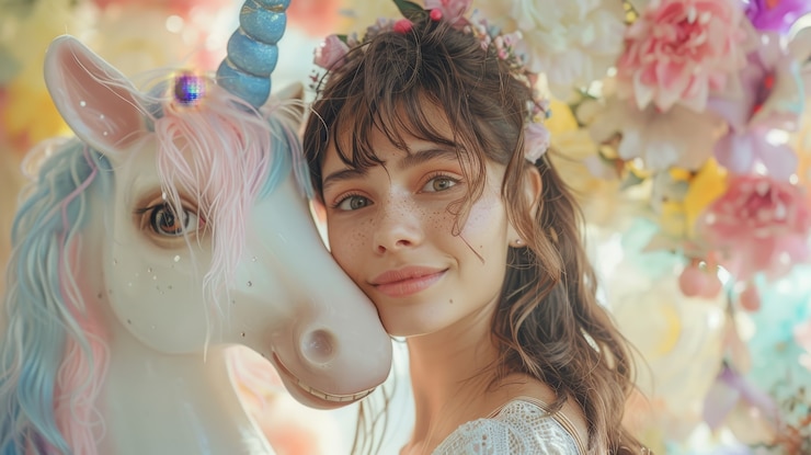 Foto grátis retrato de mulher com unicórnio