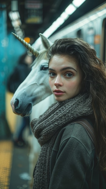 Foto grátis retrato de mulher com unicórnio