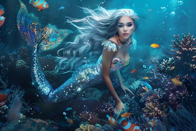 Retrato de mulher como uma criatura fantástica sereia com cauda