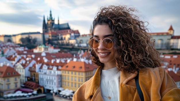 Retrato de mulher durante férias visitando locais ao redor do mundo