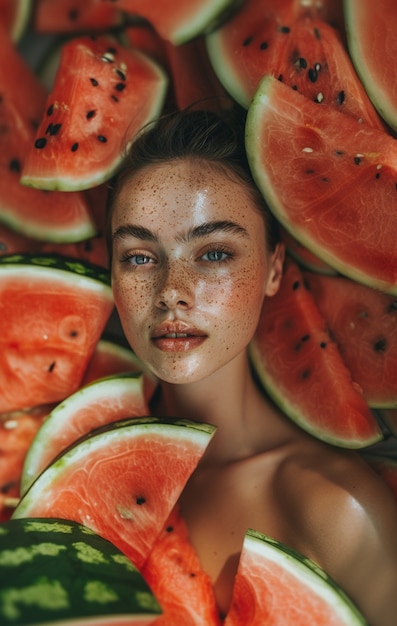 Retrato de mulher interagindo com frutas