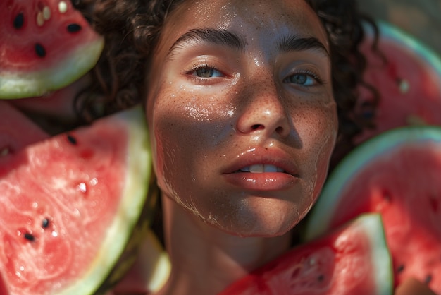 Retrato de mulher interagindo com frutas