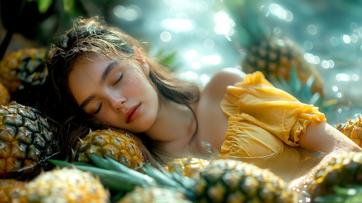 Foto grátis retrato de mulher nadando no verão com frutas tropicais