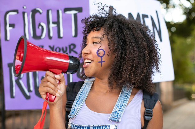 Retrato de mulher protestando por seus direitos