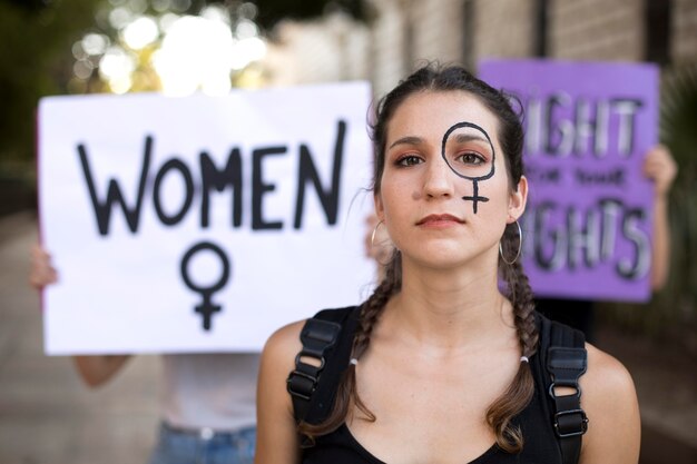 Retrato de mulher protestando por seus direitos