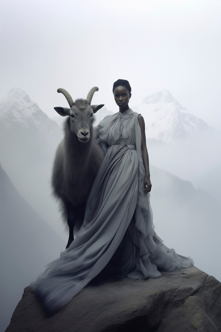 Foto grátis retrato de mulher representando o signo do zodíaco capricórnio com carneiro