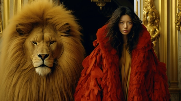 Retrato de mulher representando o signo do zodíaco leão com um leão real