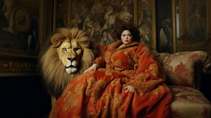 Foto grátis retrato de mulher representando o signo do zodíaco leão com um leão real