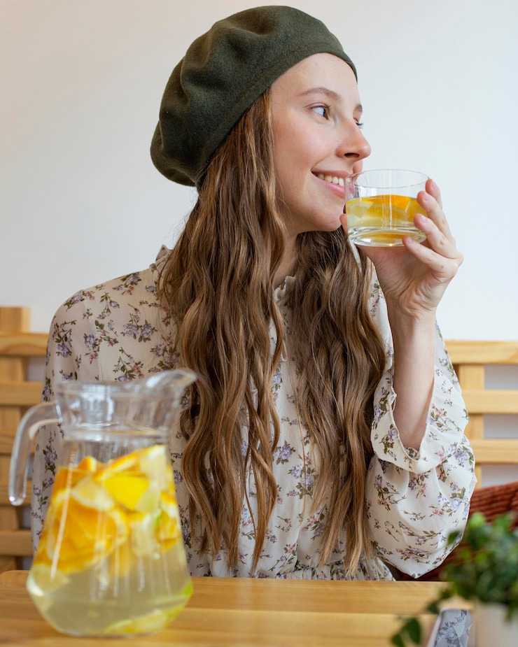 Foto grátis retrato de mulher sentada à mesa com limonada