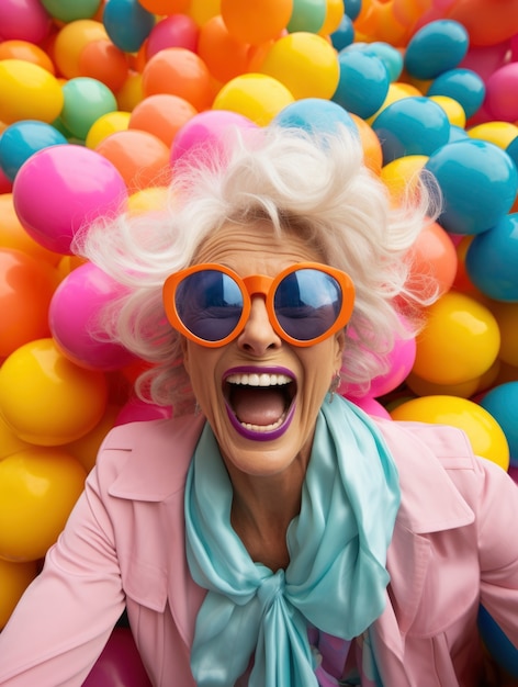 Retrato de mulher sorridente com bolas coloridas