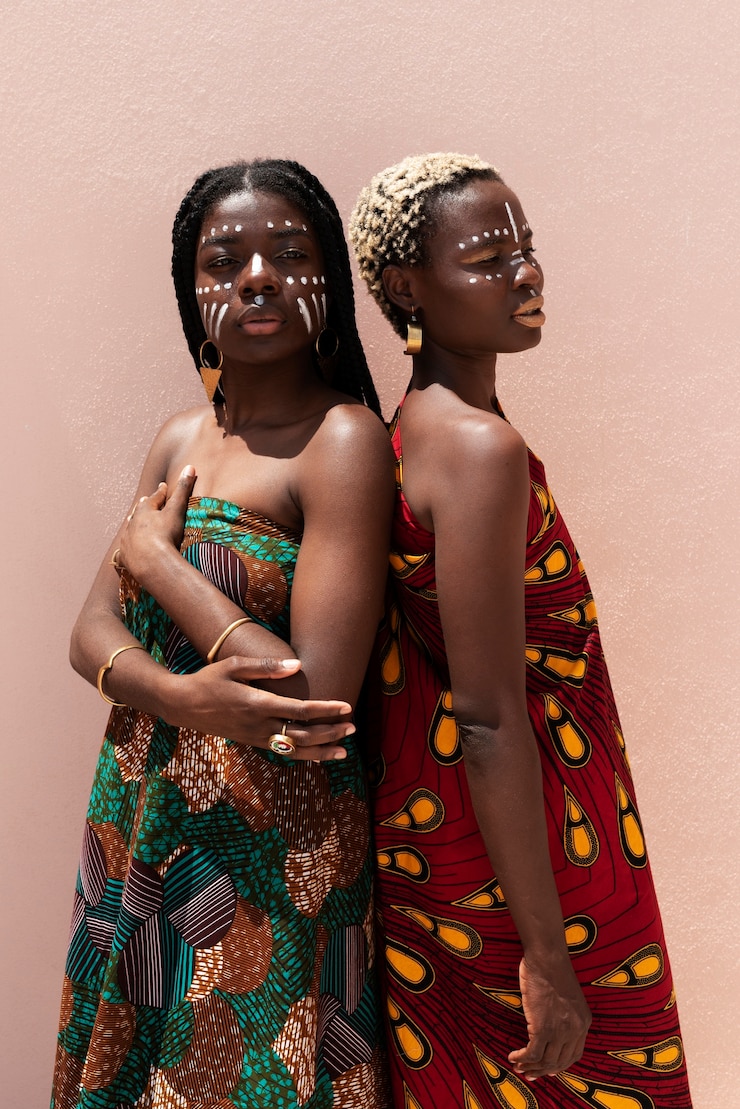 Foto grátis retrato de mulheres ao ar livre em trajes africanos e moda