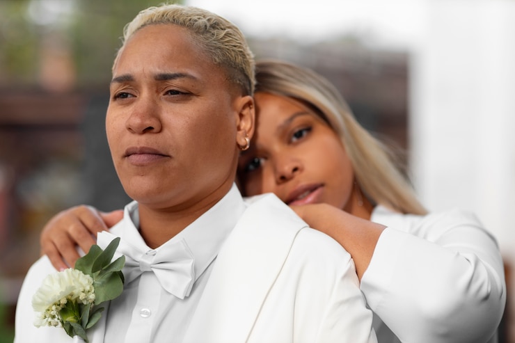 Foto grátis retrato de mulheres lésbicas durante a cerimônia de casamento