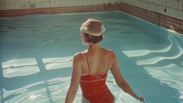 Retrato de nadadora com estética retro inspirada nos anos 80