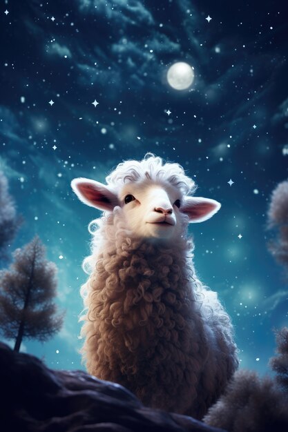Retrato de ovelhas à noite com lua