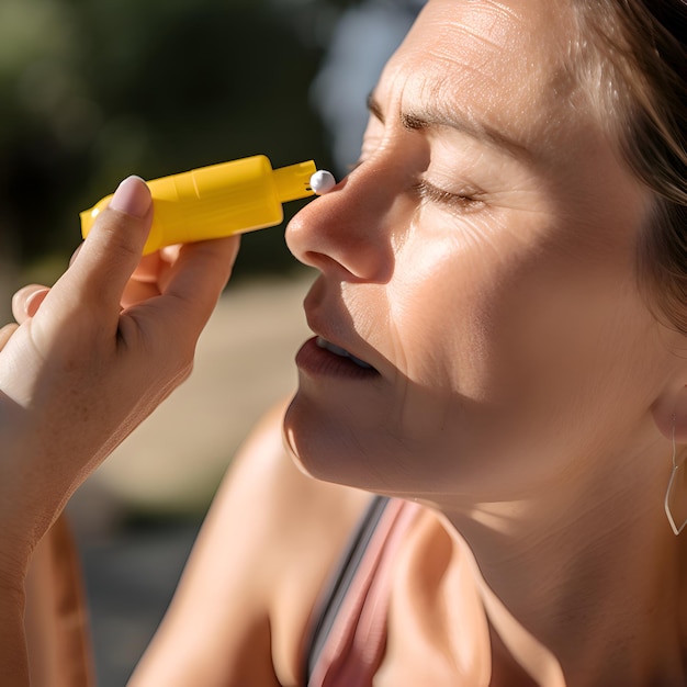 Foto grátis retrato de perto de uma jovem com inalador de asma ao ar livre