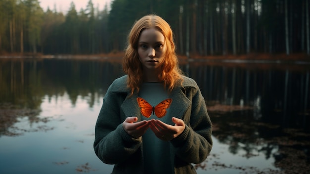 Retrato de pessoa cercada de borboletas