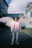 Foto grátis retrato de pessoa com asas mágicas e estética de núcleo de fada